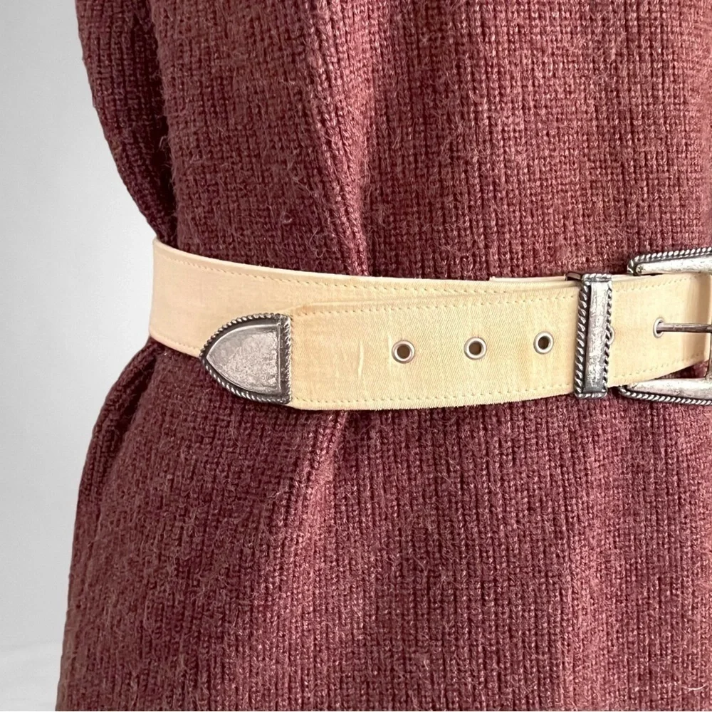 Vintage Western Canvas Belt SZ L Cream Silver - Picture 6 of 9